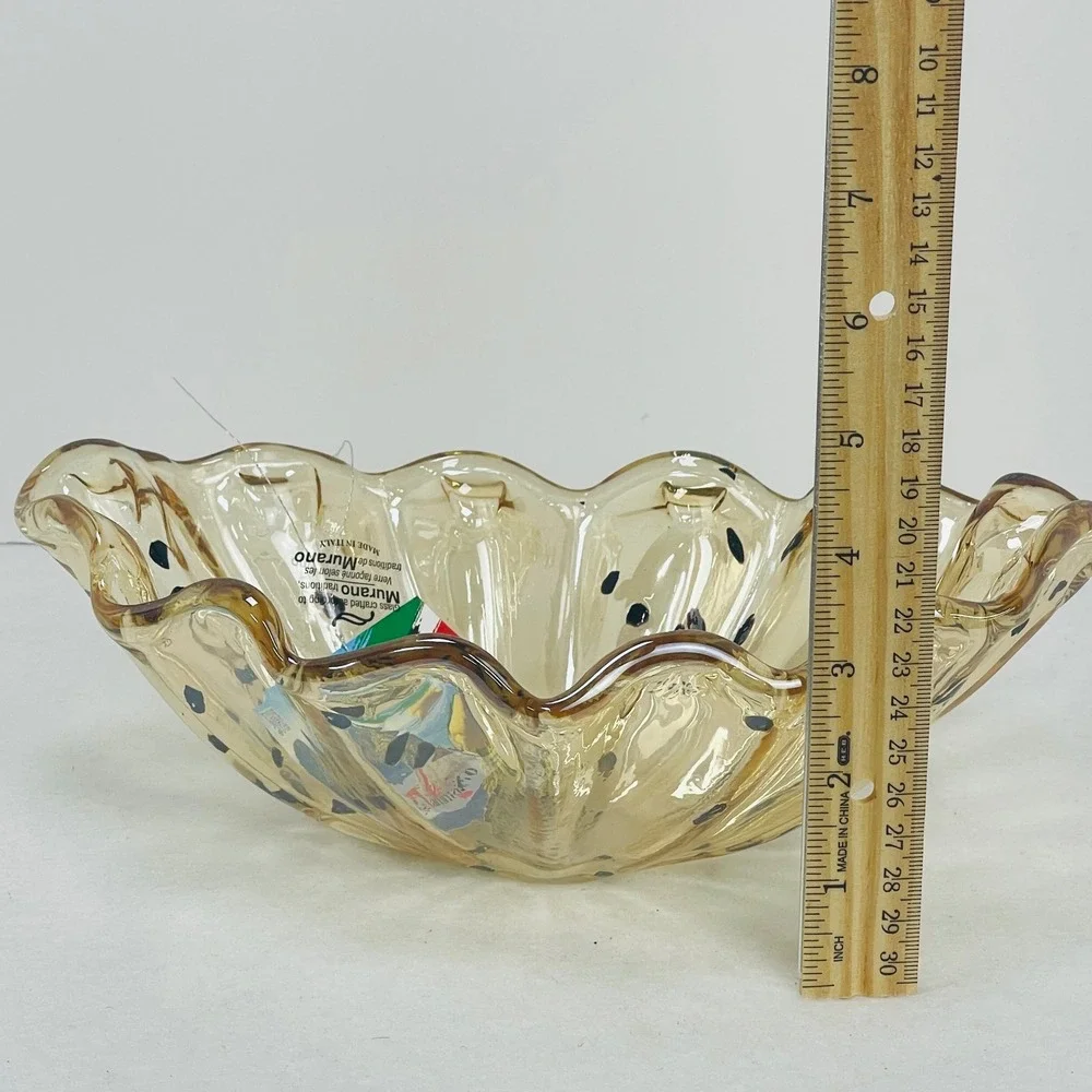 Tammaro Home Murano Glass Bowl Amber Speckled Ruffled Rim Made in Italy 10in